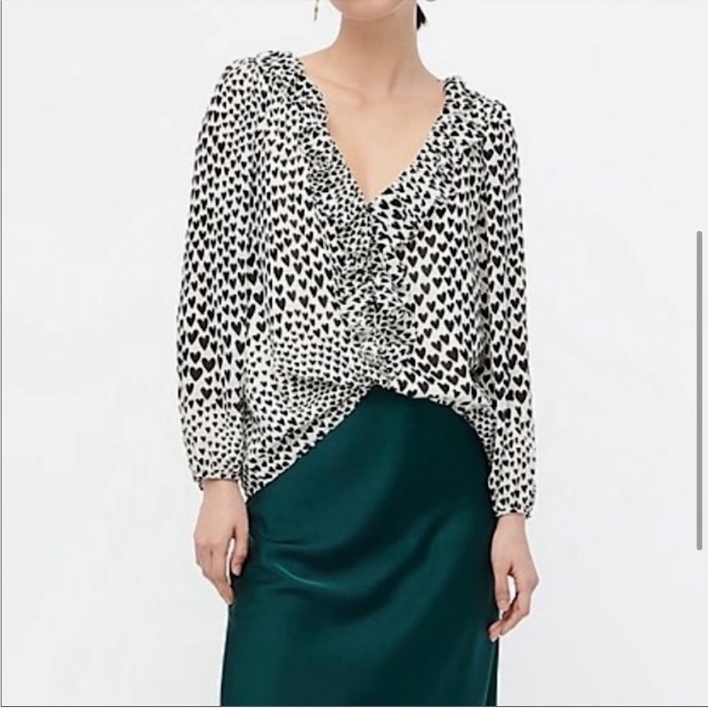 J.Crew Heart Print Ruffle Neck Blouse White Black Chiffon Lined Top Size S